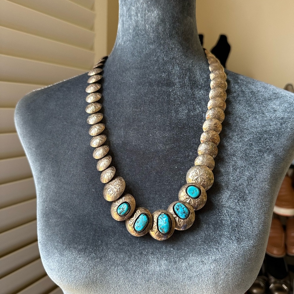 Sterling Silver and Turquoise Necklace with Stamped Graduated Pillow Beads